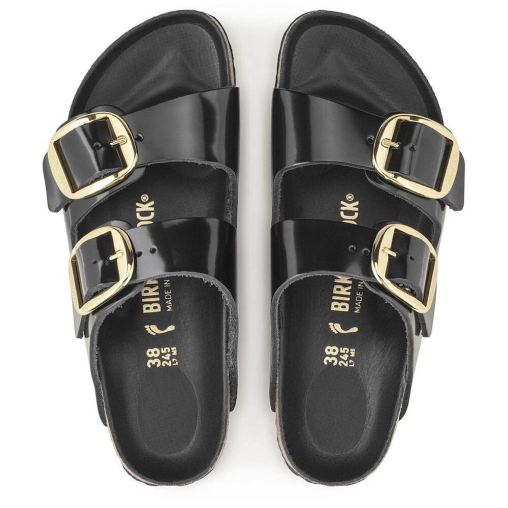 Birkenstock Arizona Big Buckle - Glossy Black Sandals with gold buckles, size 41